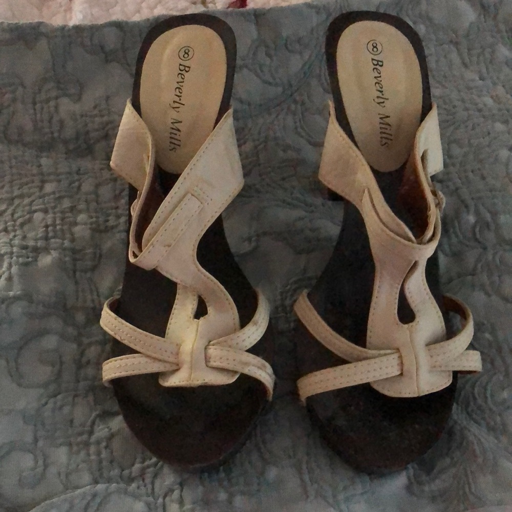 Beverly Mills heels. Cream color with dark hard brown sole.